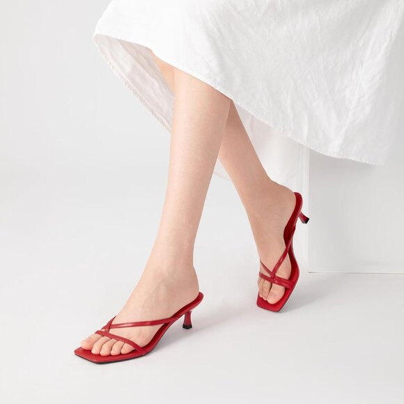 Athlefit Women's Red Polyurethane Square Open Toe Kitten Heels Thong Sandals - Picture 6 of 6